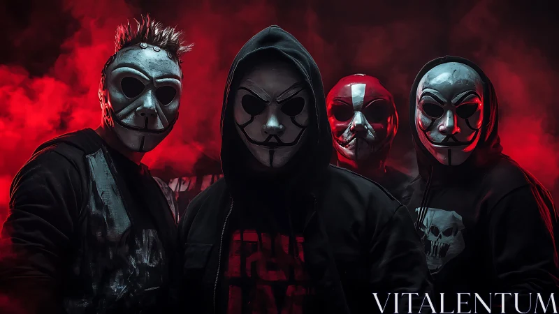 Masked street gang stands in red smoke haze at night