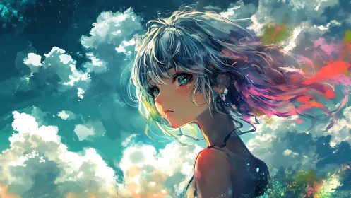 Skylit anime portrait with chromatic wind-swept hair.