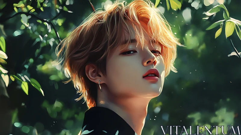 Luminous portrait of blonde youth in dappled forest light.