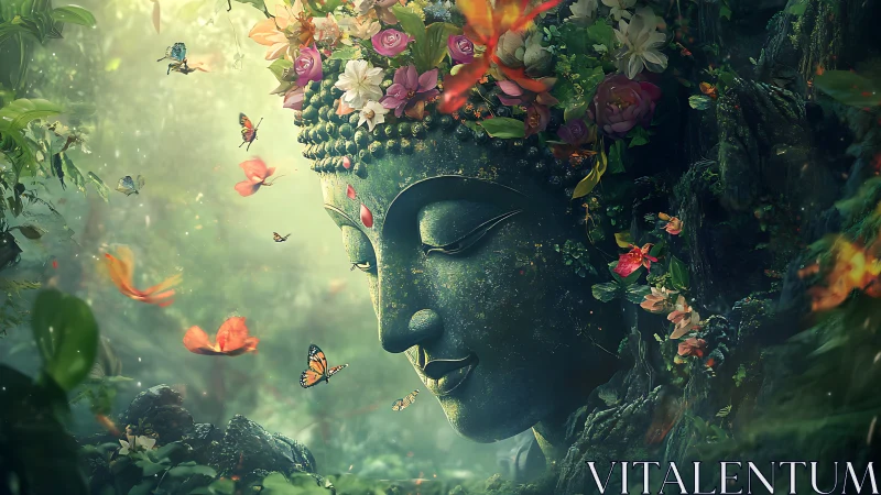 Floral stone Buddha in misted rainforest with drifting butterflies.