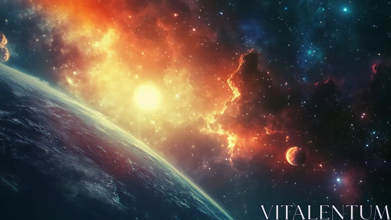 Planet horizon with bright star and distant red planet.