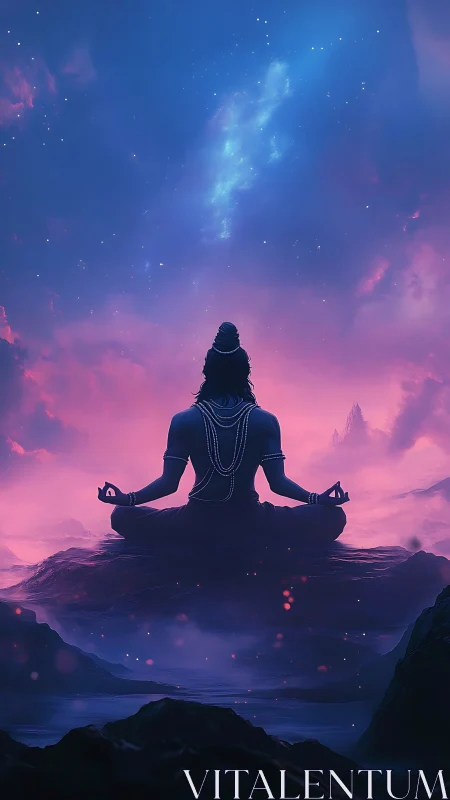 Meditating deity under cosmic sky in neon twilight haze.