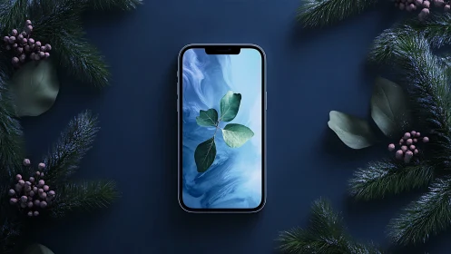 Smartphone with leaf wallpaper lies centered on dark surface