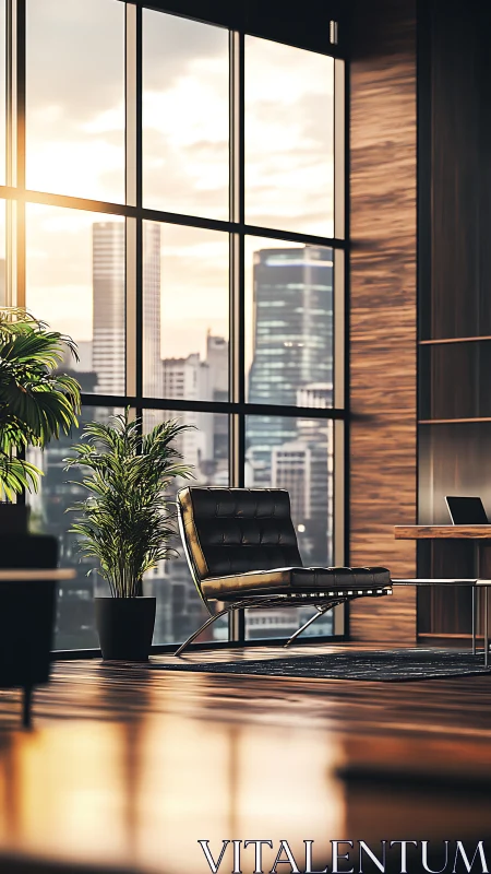Modern high rise office lounge with leather chair at dusk.