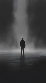 Backlit human silhouette against dense vertical fog curtain