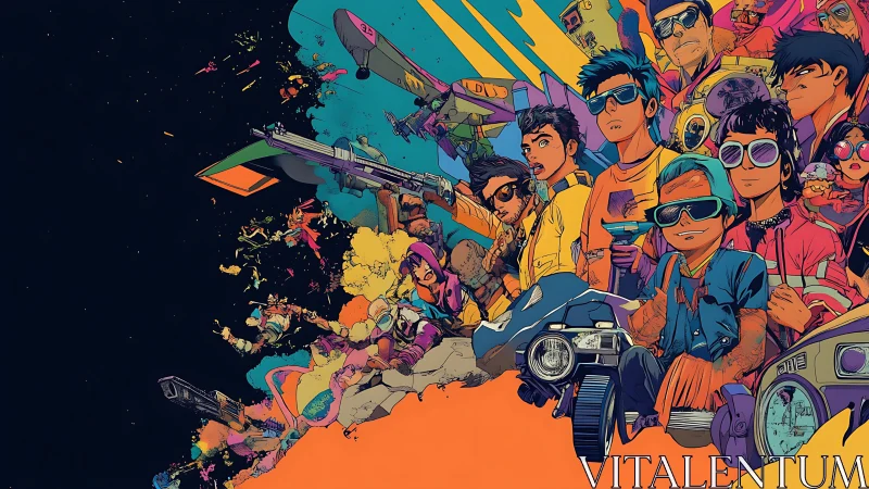 Group of stylized youths stands amid dense retro tech elements