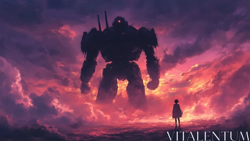 Lone figure confronts towering robot in fiery sunset sky.