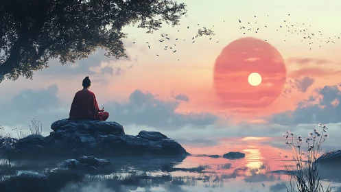 Monk meditates by tranquil lake under glowing sunrise.