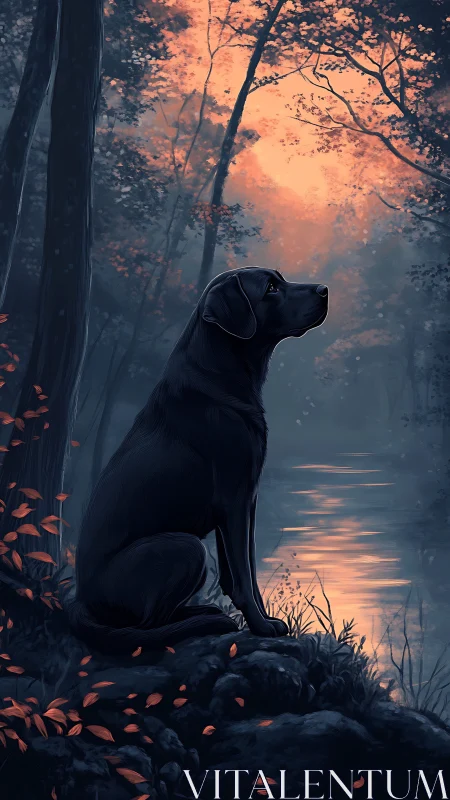 Black dog in rim-lit forest beside reflective water at dusk