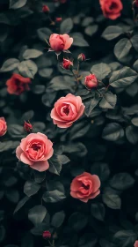 Coral Roses Dancing in Moody Garden Shadows.