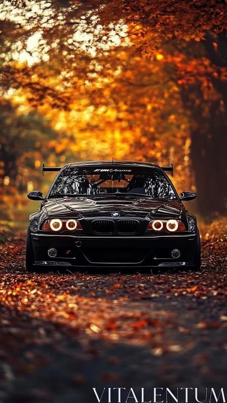 Autumn tunnel crowns a low-slung black BMW with burning halos