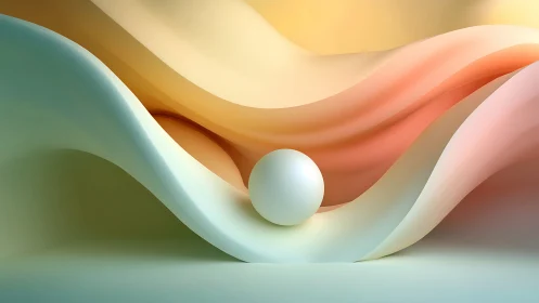 White sphere on pastel flowing 3D wave surfaces.