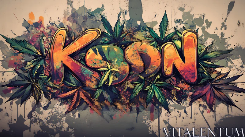 Graffiti-style &ldquo;Koon&rdquo; text with leaf motifs on wall.