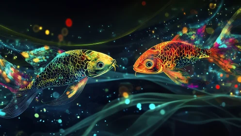 Neon koi in cosmic currents, luminous dual fish study.