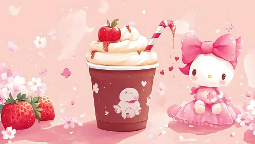 Strawberry parfait cup with kawaii bunny and doll companion.