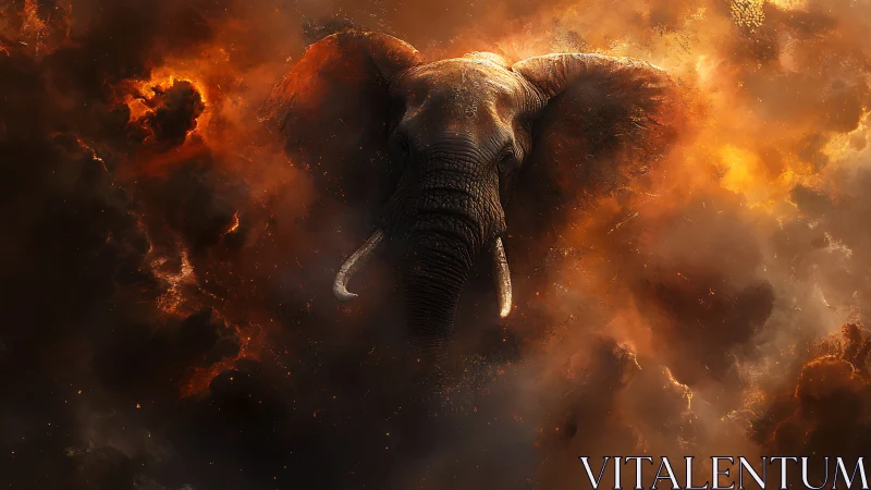 Mythic elephant emerging through infernal nebula cloudscape.
