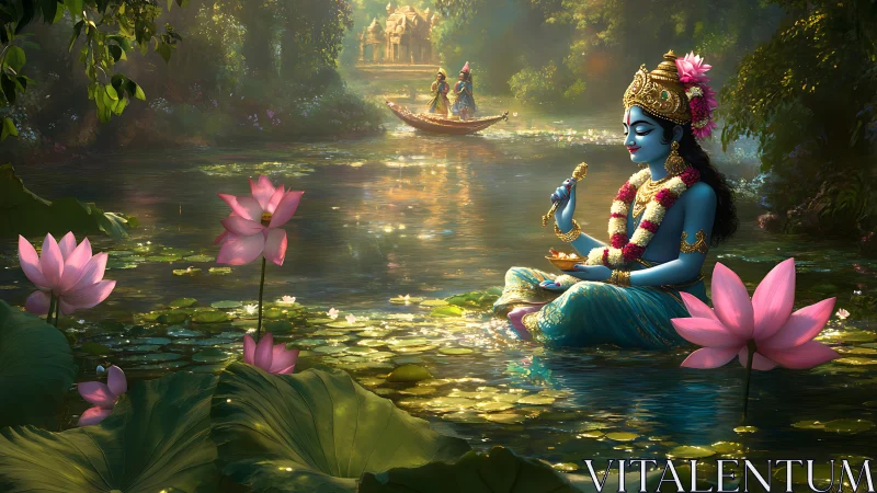 Divine blue figure in lotus-filled river under golden light.