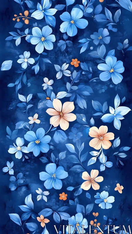 Blue Botanical Composition with Warm Accent Florals.