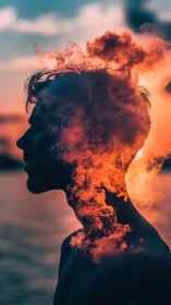 Fiery sunset silhouette captures a mind glowing with light