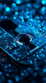 Unlocked chrome padlock in neon raindrops of electric blue.