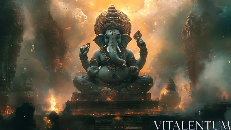 Elephant-headed deity statue sits amid fiery temple ruins