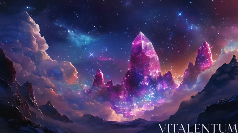 Starlit crystal peaks rising over dreamy cosmic clouds.