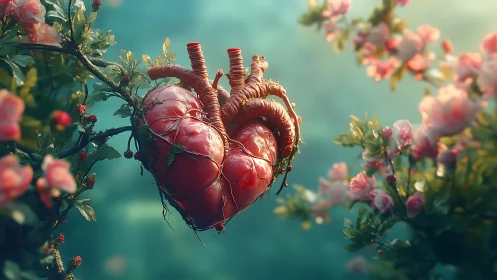 Anatomical Heart Blooming Among Pink Flowers