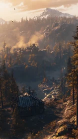 Industrial outpost embedded in autumnal mountain valley at dusk.