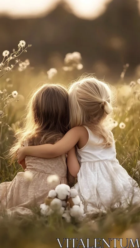 Two Children Embracing in Wildflower Field at Golden Hour.