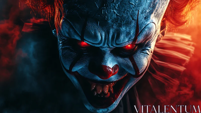 Demonic clown portrait glows with red eyes amid smoky light