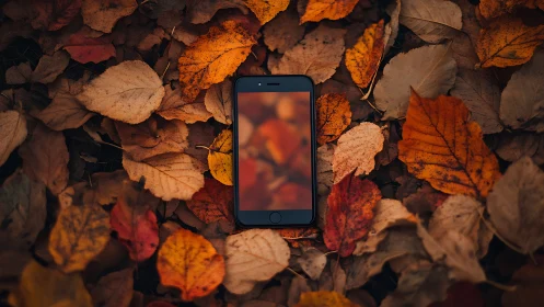 Smartphone with blurred display resting in dense autumn foliage