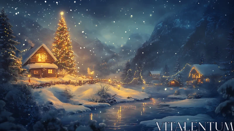 Snow-covered village cabins with winter lights at night.