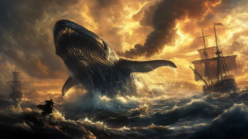 Stormlit whale rising among tall ships at sea.