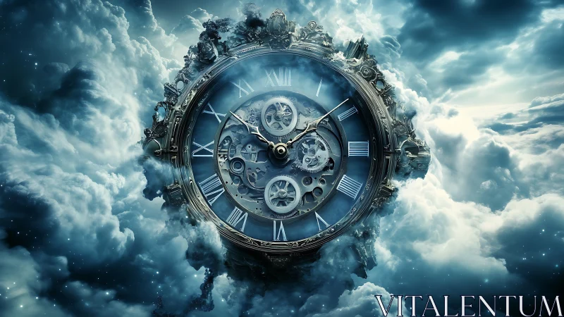 Ornate clockwork sphere suspended within bright clouds.