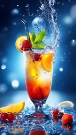 Dynamic Beverage Splash Composition with Layered Fruit Garnish and Liquid Motion Dynamics