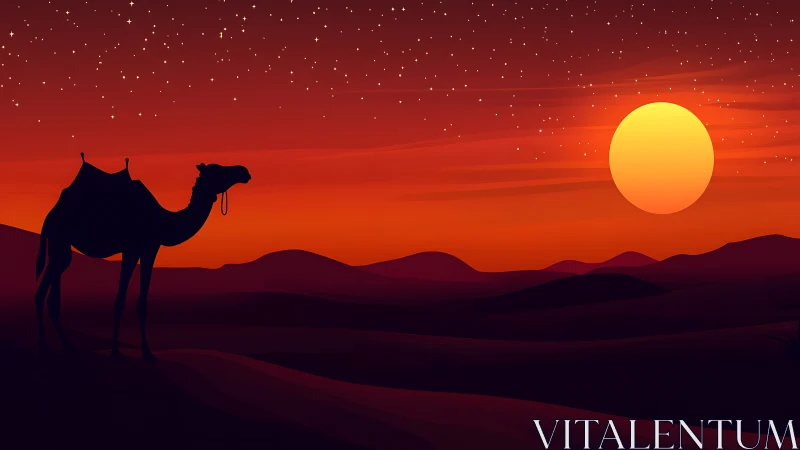 Camel silhouette under desert sunset sky panorama.