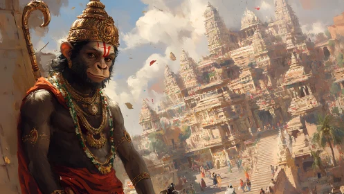 Mythic simian guardian before monumental South Indian temple