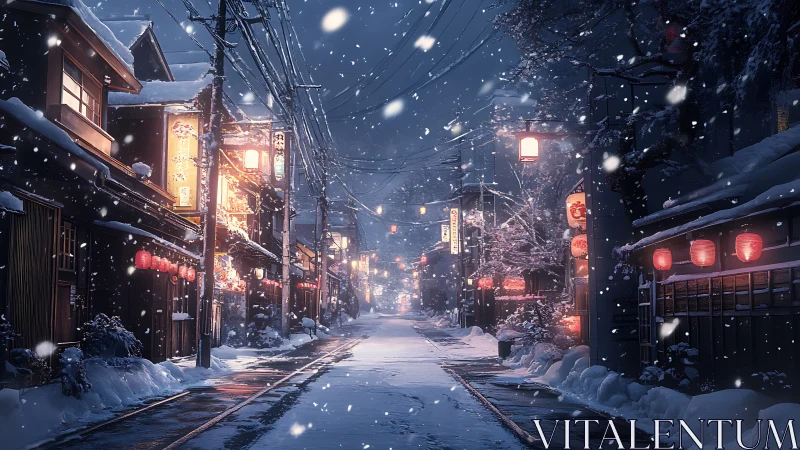 Snowy lantern street glows softly under a calm winter night