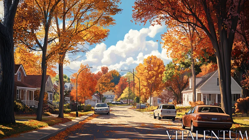 Suburban street in radiant digital autumn lightscape.