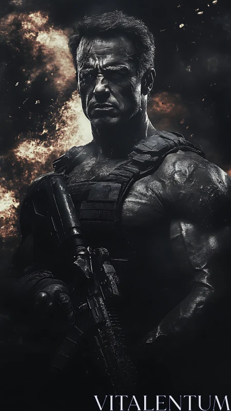 Hardened tactical soldier in cinematic explosive backlight.