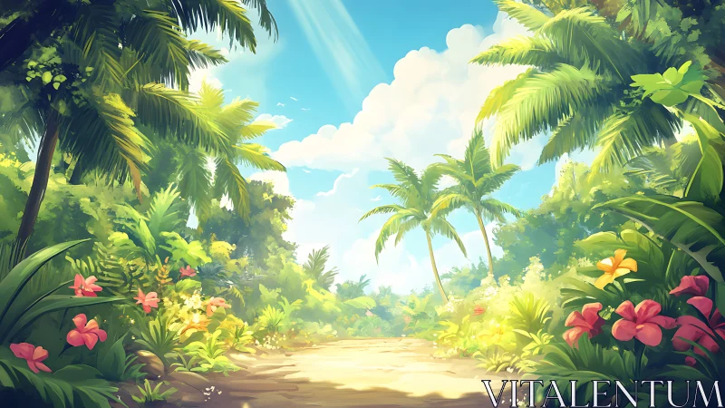 Tropical Paradise Landscape With Palm Trees And Flowers.