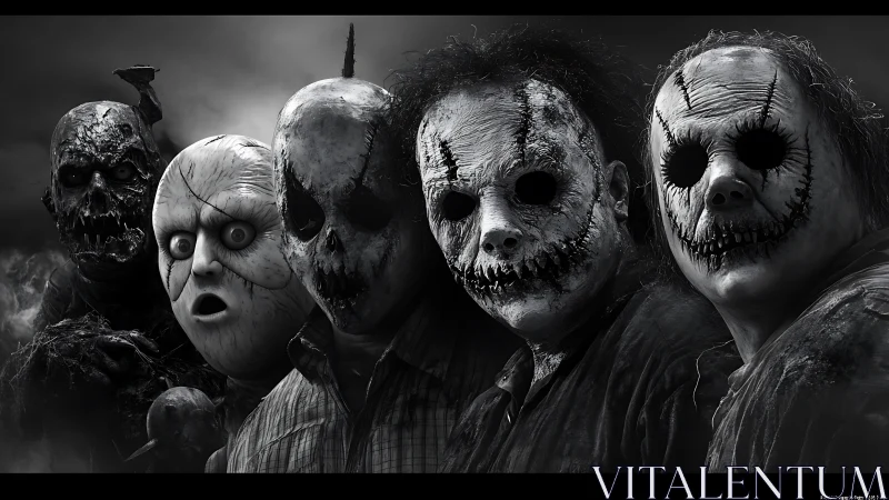 Monochrome lineup of stitched void-eyed horror masks in fog