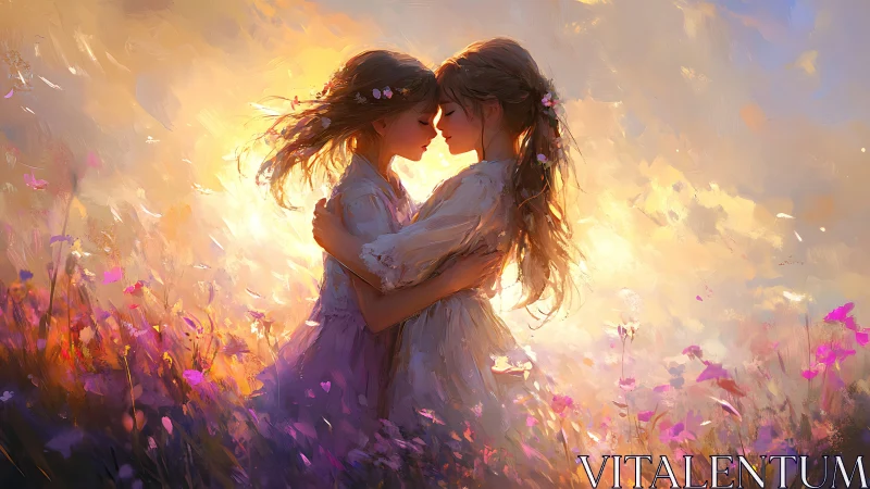 Two figures in flowered meadow, golden light