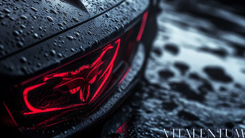 Red-lit sports car emblem glows against a moody rainy night