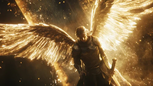 Radiant golden angel warrior resting in gentle, glowing light.