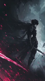 Lone dark knight rises with blazing crimson energy blade.