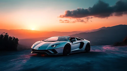 Silver supercar cuts through a cinematic mountain sunset road