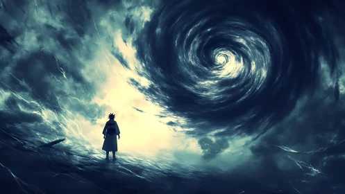 Solitary figure under swirling luminous vortex in sky.