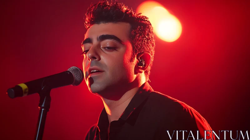 Warm red stage lights glow around a focused singer at mic