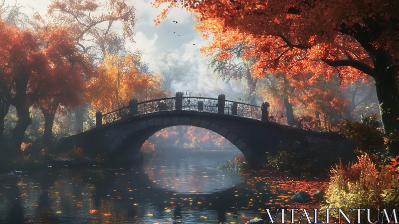 Stone bridge spans a misty autumn river in glowing foliage